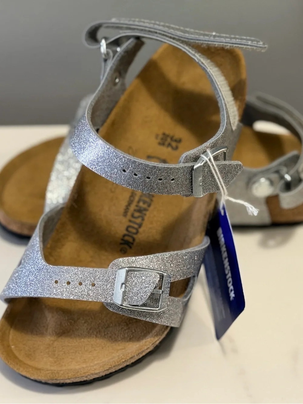 Birkenstock 32 Kids Silver Sparkle Two-Strap Sandals with Velcro back